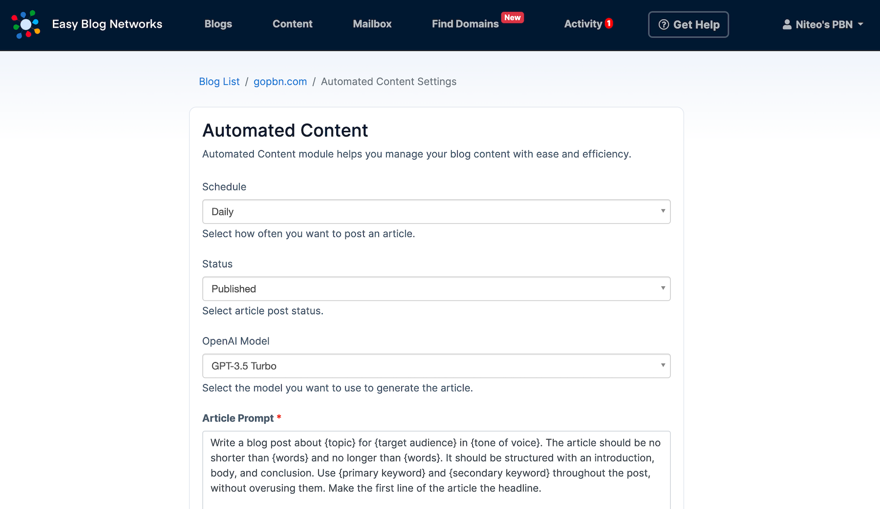 automate content posting with gpt integration automated content settings screenshot